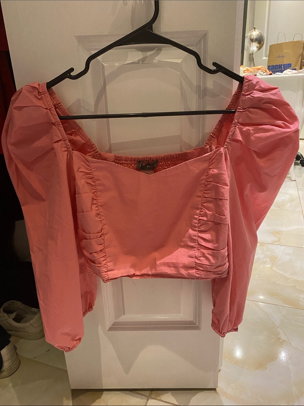 Pink Puff-Sleeve Square Neck Women's Top